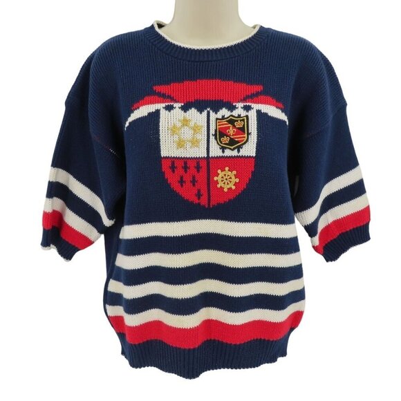 Sweater Loft Womens Medium Red White Blue Stripe Embroidered Crest Sweater Shirt - Picture 1 of 10
